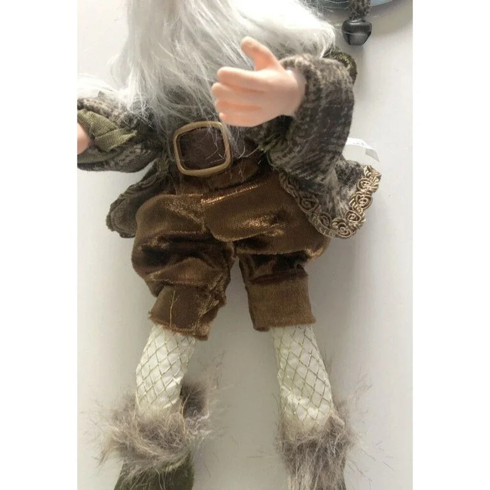 Christmas Pixie Elf Doll Gnome Gold Braid Trim Posable Hanging Bells Brown Plaid